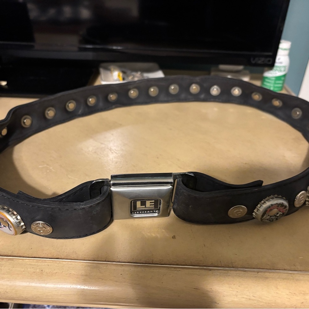 Beer Bottle Cap Black Belt with Silver Buckle